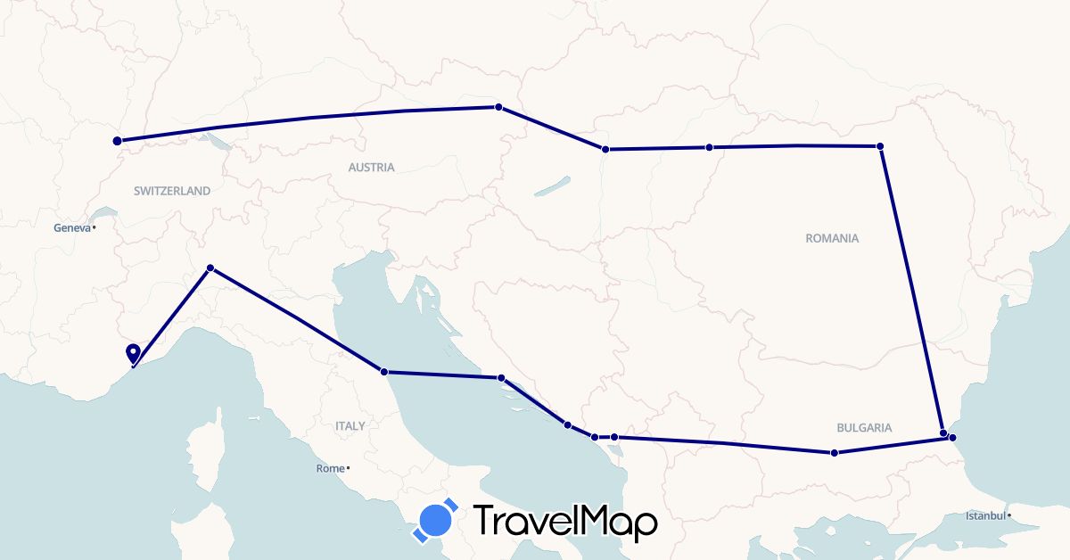 TravelMap itinerary: driving in Austria, Bulgaria, France, Croatia, Hungary, Italy, Montenegro, Romania (Europe)